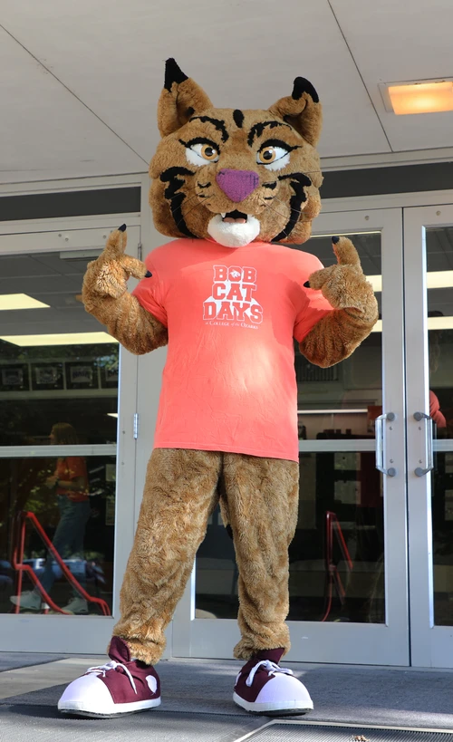 Bobcat mascot posing for photo.